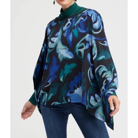 Chicos Scroll Print Woven Poncho Top S/M Blue Green Black Lightweight - Picture 1 of 11